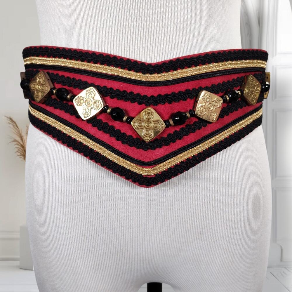 Vintage 80s Southwestern Wide Suede Belt V Front Beaded Santa Fe M